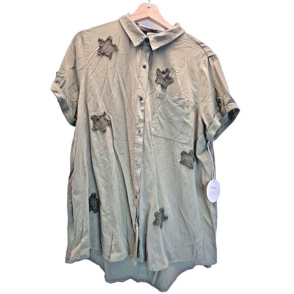 Hummingbird green olive blouse star Tencel woman short button sleeve size L. - Picture 1 of 12